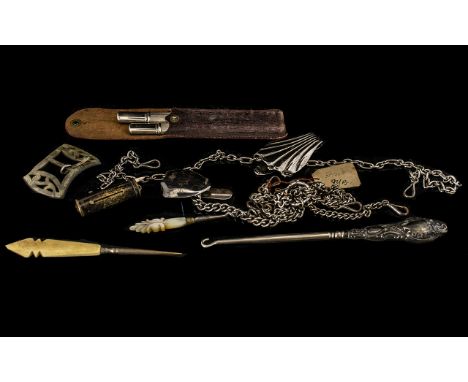 Early 20thC Travelling Knife and Fork Set each in two pieces with engine turned handles. Fitted in leather case. Together wit