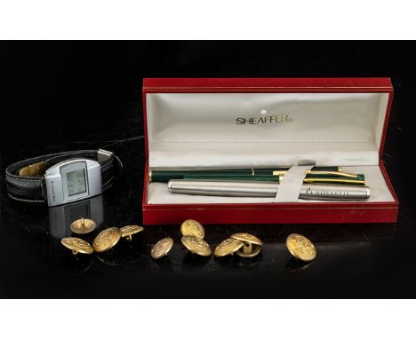 Collection of Pens &amp; Collectibles including Novartis stainless steel fountain pen with gilt trim; a Sheaffer fountain pen