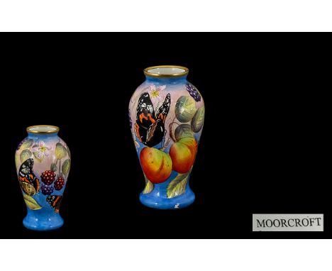 Moorcroft - Enamels Superb Quality Hand Painted Small Vase with Painted Enamel Images of Butterflies, Berries, Peaches and Le