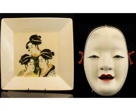 Two Decorative Japanese Porcelain Items - a square dish/wall plaque in cream base decorated with portraits of three Oriental 