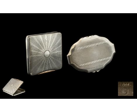 Art Deco Period - Attractive Square Shaped Lidded Silver Case with Sun Burst Design to Cover and Gold Thumb Nail to Open. Siz