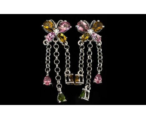 Multi Tourmaline 'Butterfly' Drop Earrings, the butterflies set with deep rose pink and amber yellow pear cut tourmalines, ea