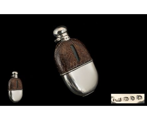 Victorian Period - Nice Quality Silver and Glass Hip Flask with Screw Hinged Silver Top, Leather Cladding. Hallmark Birmingha