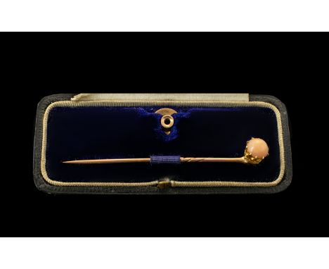 Antique Period 15ct Gold - Cabochon Cut Coronet Setting Pink Coral Single Stone Set Stick Pin and Matching Stud. Not Marked b