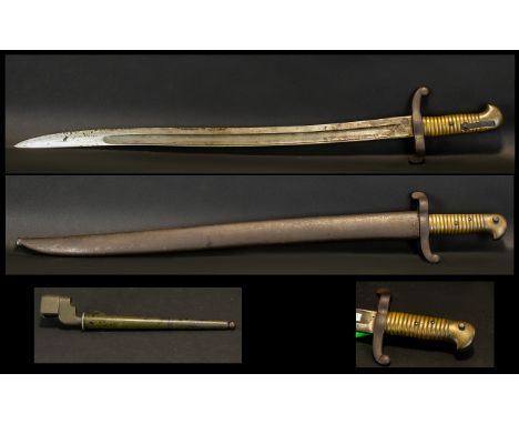 French M1842 Sword Bayonet, Steel crossguard, brass grip with coiled spring, Associated steel scabbard. overall length 32 inc