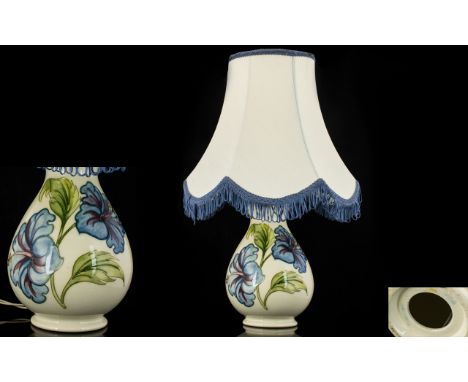 Moorcroft Nice Quality Tube lined Lamp Base and Shade - Pale Blue Hibiscus on Cream Ground. c.1980's. Height 16 Inches - 40 c