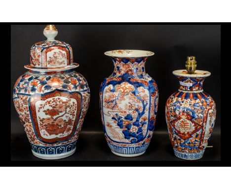 A Collection of Three Japanese Imari Vases all of typical form, one lidded, one converted into a table lamp. The tallest meas