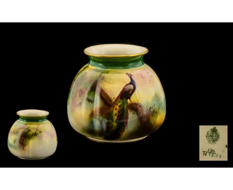 Royal Worcester Hand Painted Small Vase ' Pheasants ' In a Woodland Setting. Date 1909 &amp; Shape No 158. Height 3.25 Inches