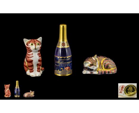 Royal Crown Derby Hand Painted Paperweights ( 2 ) Comprises 1/ Kitten - Ginger Tom. Gold Stopper, Date 1990. 2/ Sleeping Kitt