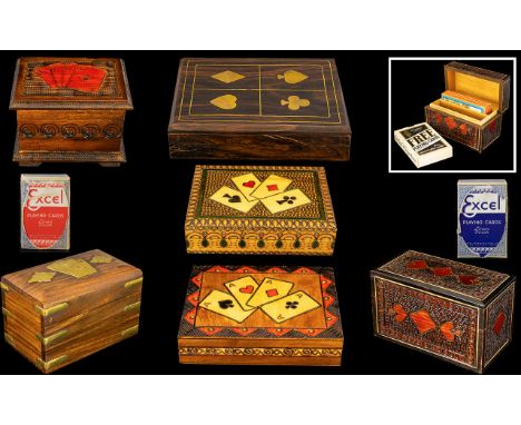 A Good Collection of Early 20thC Playing Card Hinged Wooden Boxes  with inlaid or applied with card suite decoration. All con