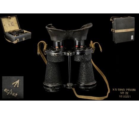 Pair of Vintage Binoculars  x 5 Bino Prism Mk IV No. 2251.  Housed in original square black box with khaki trim and handle.  