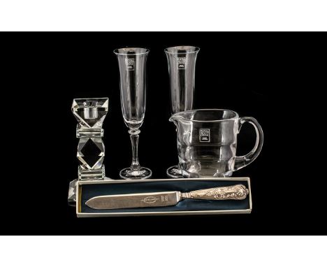 Collection of Royal Scot Crystal to include a Royal Scot crystal jug in original box in new condition; two Royal Scot champag