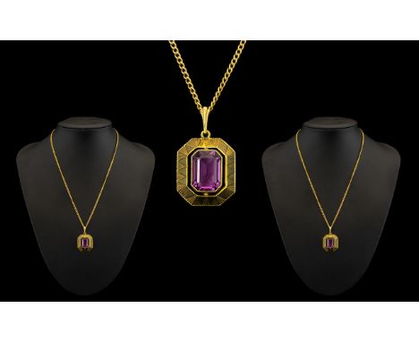 9ct Gold - Amethyst Set Attractive Pendant of Contemporary Design, Attached to a 9ct Gold Curb Chain. Both Hallmarked 9ct. Ch