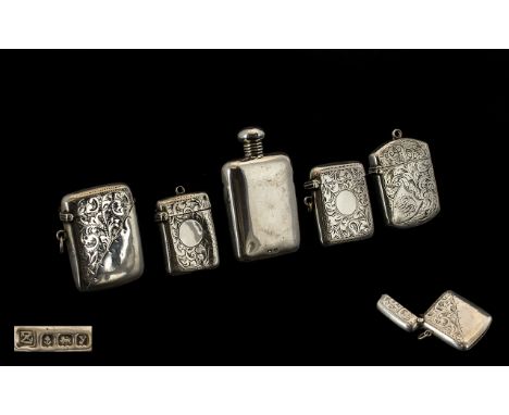 Edwardian Period Collection of Silver Vesta Cases ( 4 ) In Total + A Sterling Silver Scent Bottle In The Form of a Screw on T