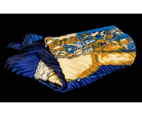 Hermes Vintage Plisse Pleated Scarf Art des Steppes  'Mon Petit Cheval Mexican' by Hermes. Royal blue background with colourf
