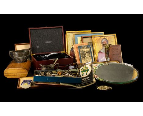 Two Boxes of Assorted Collectables to include spoons, castor, odd Ordnance Survey maps, horse brasses etc  Together with a co