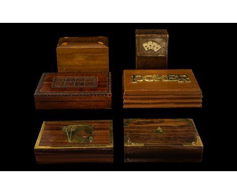 A Good Collection of Early 20thC Playing Card Hinged Wooden Boxes  All with various card suite, POKER decorations. All contai