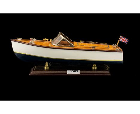 Vintage Model Of Italian Motor Boat. Nicely modeled on the Typical Italian Vintage speed boat displayed on a wooden plinth, 1