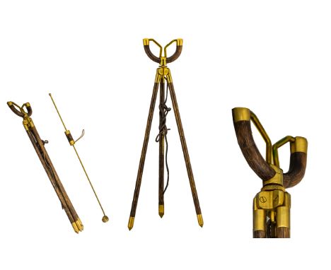 Fishing Interest. Vintage Cane and Brass Tripod, Rod Rest with Detachable ' Monkey Climber ' Bite Indicator. c.1970's. 22 Inc