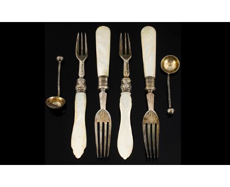 Four Mother of Pearl Handled Silver Forks together with two silver salt spoon. Mixed dates.