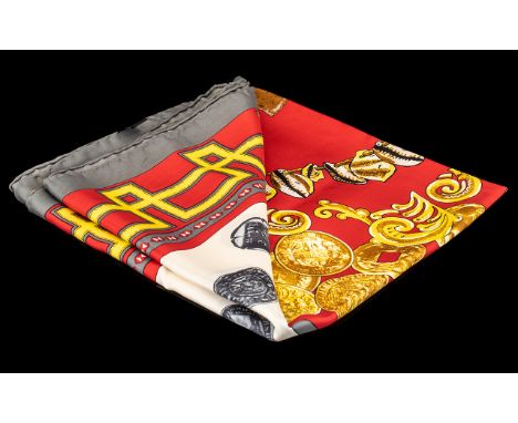 British Museum Silk Coin Scarf.  High quality, hand rolled edges, measures 93 x 95 cms.  Cream, red and gold colours.  See im