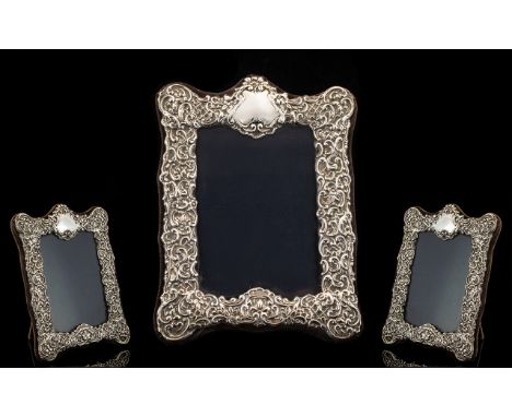 Edwardian Style Ornate Embossed Sterling Silver Photo Frame of Attractive Design and Form with Vacant Cartouches. Hallmark Lo