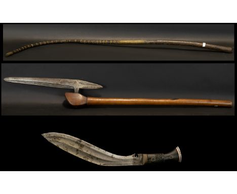 Mixed Lot To Include An Early 20thC Gurkha Kukri Knife With Leather Scabbard, Together With A 19thC Rhino Hyde And Woven Stee