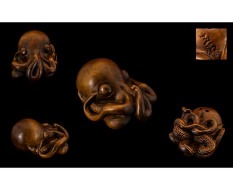 Japanese - Fine Quality Meiji Period 1864 - 1912 Well Carved Boxwood Netsuke - Signed to Base. Depicts a Large Octopus - Good