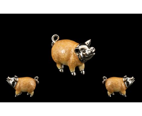 A Small Silver and Enamel Pig Figure - Well Made with Full Hallmark for 925 Silver. In As New Condition. 2 Inches - 5 cm long