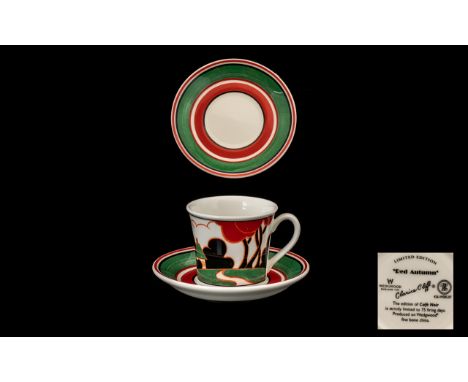 Clarice Cliff Limited Edition 'Red Autumn' Cafe Noir Coffee Cup &amp; Saucer by Wedgwood.  Certificate No. 00204B.  In origin
