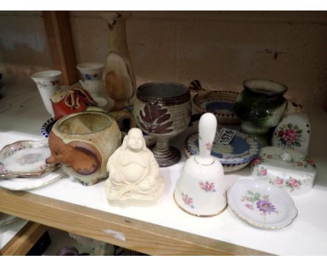 Shelf of mixed ceramics including Wedgwood. Not available for in-house P&amp;P 