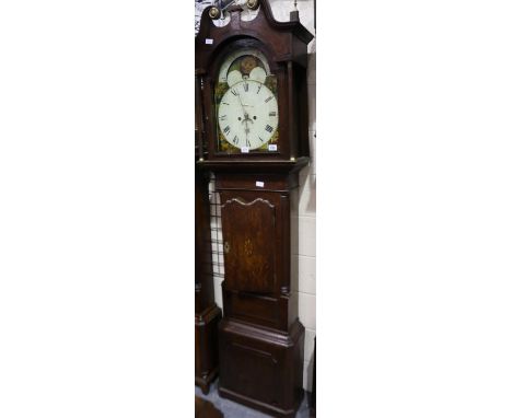 19th century English longcase clock (name indistinct), rolling moon painted dial with subsidiary dial, the case of inlaid and