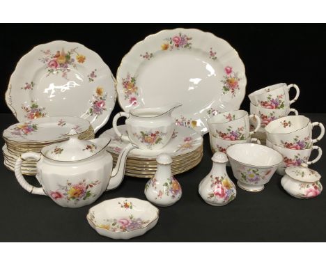 A Royal Crown Derby Posies pattern bachelor's teapot, milk and sugar, cups and saucers, three piece cruet set, oval serving p