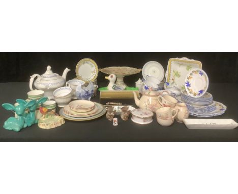 An Aynsley Bluebird pattern part tea service, comprising cake plate, side plates, cream jug, cups and saucers; a Soho Pottery