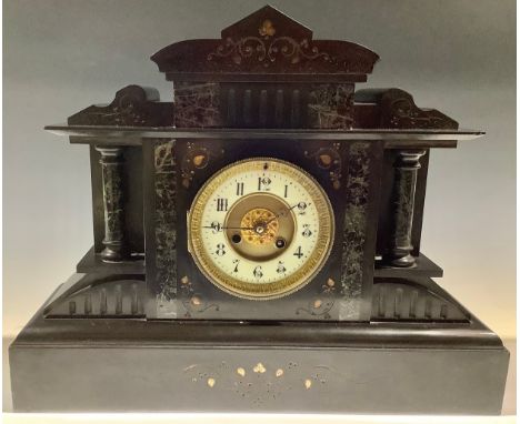 A 19th century French black marble mantel clock, architectural case, c.1880 