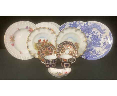 A pair of Royal Crown Derby shaped circular hunting scene plates; a pair of Blue Aves plates; others, Derby Posies pattern; I