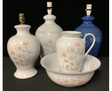 A Denby Encore pattern wash jug and bowl; two Denby Encore pattern large  lamps; another Denby Midnight pattern large baluste