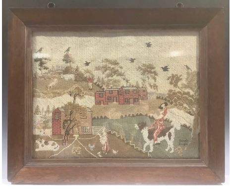 A 19th century woolwork picture, of a farmstead and village, signed Sarah Bright, 43cm x 56cm, broad mahogany frame, c.1880 