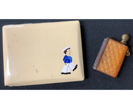 A 19th century miniature enamel and copper vesta case; an enamel compact decorated with two marching sailors, 8.5cm x 6.5cm (