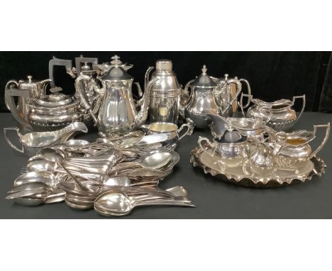 Plated Ware - a Victorian style half fluted four piece tea and coffee service; another tea and coffee service; sauce boats; a