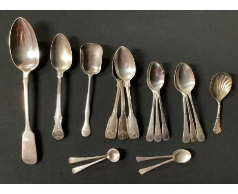 A set of six Victorian silver teaspoons, bright cut, vacant scroll cartouche terminals, Sheffield 1896; a Victorian silver se