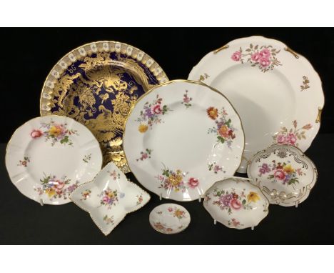 A Royal Crown Derby Pinxton Roses pattern shaped circular plate, 27cm diameter, second quality; a Royal Crown Derby Gold and 