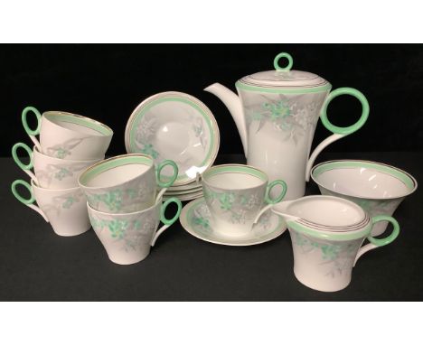 A Shelley coffee service for six, green and white blossoms comprising teapot, sugar bowl, milk jug, six teacups and saucers. 