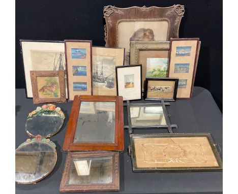 A circular barbola easel looking glass, bevelled mirror plate, 24cm high, c.1930; another similar; a Victorian rectangular 't