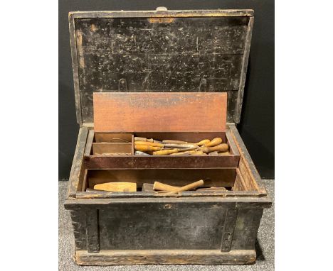 A large pine carpenter's tool chest, with tools 42cm, 76cm 