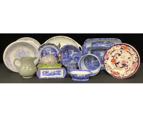 A large Spode Italian rounded rectangular serving dish, 39.5cm wide; another, 30cm wide; other Spode Italian; a 19th century 