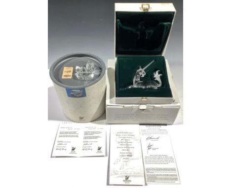 Swarovski - a Wonders of The Sea model group, 1991, seals, certificate, boxed; a Fabulous Creatures Unicorn 1996, certificate