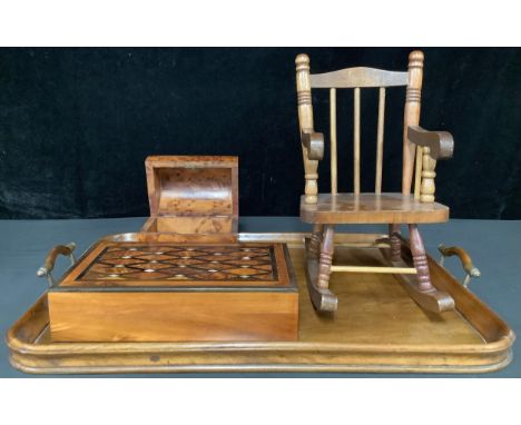A mahogany two handled rounded rectangular tray; a miniature rocking chair; a burr walnut mother-of-pearl inlaid box and cove