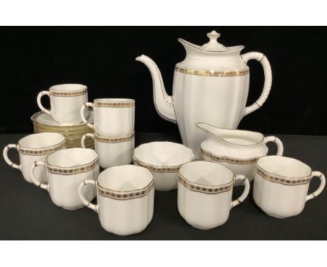 A Royal Crown Derby Carlton Gold coffee service for eight, comprising coffee pot, cream jug, sugar bowl, cups and saucers, fi