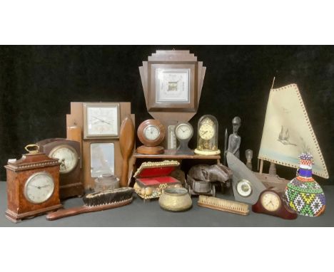 A Victorian rosewood book slide; an Art Deco oak wall barometer; a 1930's wooden table lamp, as a yacht; a walnut mantel cloc